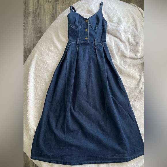 Vintage Blue Denim Maxi Dress with Gold Buttons - Picture 2 of 8